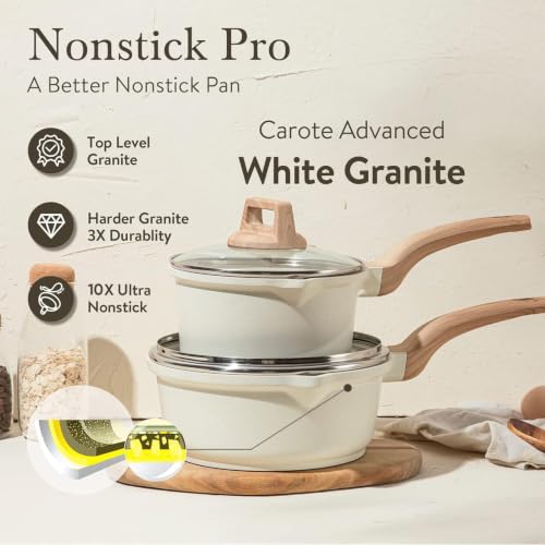 CAROTE Nonstick Saucepan Set 1.5Qt & 3.0Qt with Lid - White, Rivetless, Easy Clean