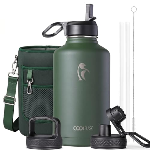 Coolflask Dark Green Half Gallon Insulated Water Bottle with Straw & 3 Leakproof Lids