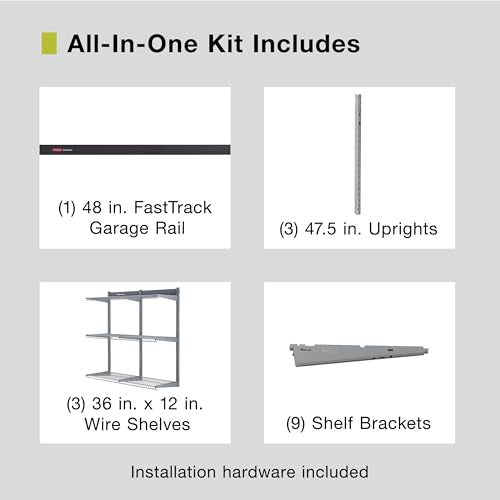 36-Inch Rubbermaid FastTrack Rail Storage Kit with 3 Shelves for Garage & Workshop Organization - Heavy Duty Steel, 350 lbs Per Shelf