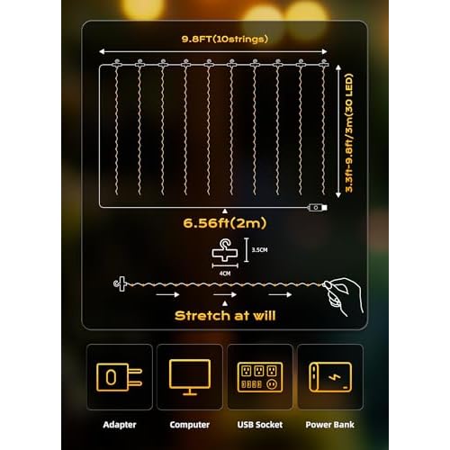 Brightown 300 LED Fairy Curtain Lights, 9.8ft x 9.8ft Warm White Curtain String Lights, USB Plug in 8 Lighting Modes Christmas Decoration, Hanging Lights with Remote for Bedroom Indoor Weddings Dorm