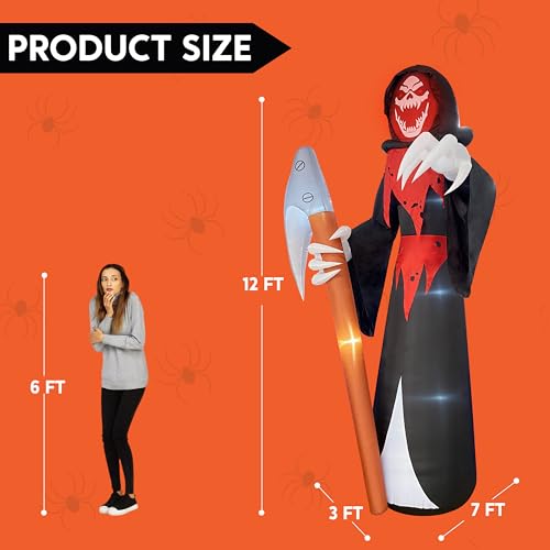 12 Ft Tall Halloween Inflatable Grim Reaper Decoration with Red LED & Variation: Red & Black