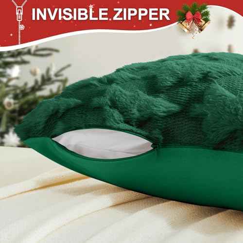 Christmas Pillow Covers 18x18 inch, Set of 2 Christmas Tree Decoration Soft Plush Faux Fur Throw Pillows Covers for Winter Holiday Festivals Bedroom Sofa Home Decor (Green)