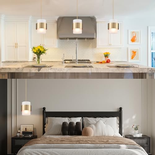 Mini Gold Pendant Light Fixture with Frosted Glass Cylinder - White Cord