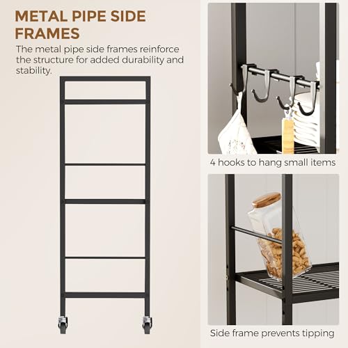 Brown 3-Tier Metal Storage Rack with Wheels & Wooden Top, Adjustable Shelves, 23.6W