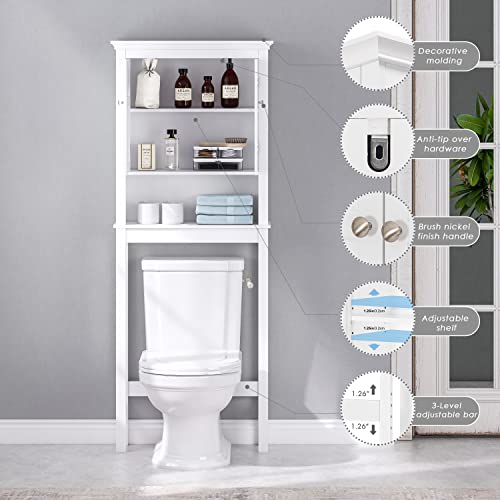 Over Toilet Storage Cabinet with Doors and Adjustable Shelf - White Bathroom Organizer