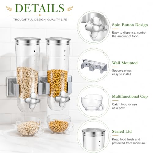 Huwena 4 Sets Wall Dispenser with 3L Cereal Storage - Silver