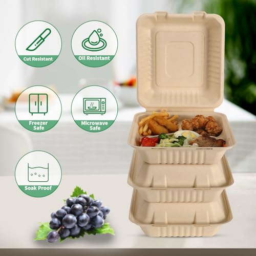 Aricsen 100 Pack 8x9 Inch Eco-Friendly 3-Compartment Takeout Food Containers