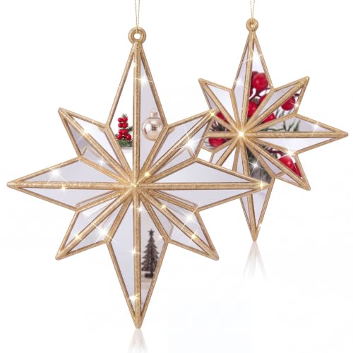 Gold Bethlehem Star Ornament Set - 6 Mirrored 5.5'' Holiday Decorations with Glitter, Variants Include Gold / Bethlehem Star