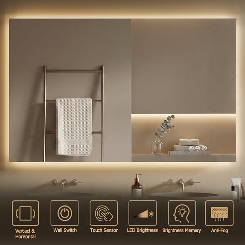 White 24x36 Inch LED Bathroom Mirror with Lights, Anti-Fog, Dimmable Backlit