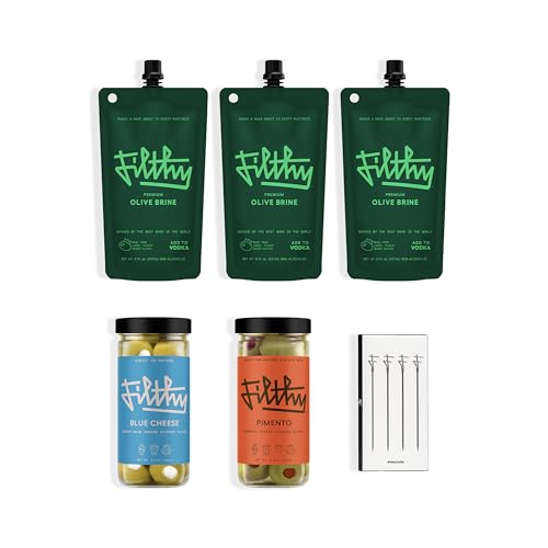 Martini Cocktail Kit - Premium Dirty Martini Set with Olives & Garnishes - Gluten-Free, Pimento & Blue Cheese Stuffed, 4 Stainless Steel Picks - Variation: Martini Cocktail Kit