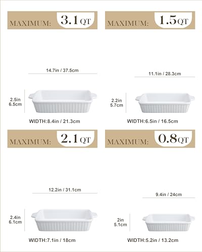 MALACASA White Rectangular Ceramic Casserole Set of 4 Oven-Bakeware