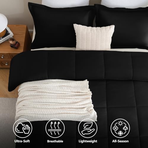 CozyLux Queen Comforter Set Black 3-Piece Box-Stitched Microfiber Bedding