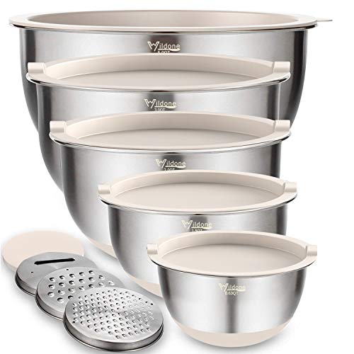 Wildone Stainless Steel Mixing Bowls Set with Airtight Lids Non-Slip Bottom Khaki 5PCS