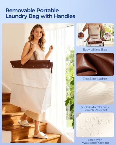 Kayfia Beige 180L Rolling Laundry Hamper with Removable Waterproof Bag and 7 Side Pockets