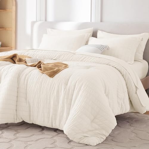MUXHOMO Ivory Queen Comforter Set 7 Pieces Seersucker Bedding All Season