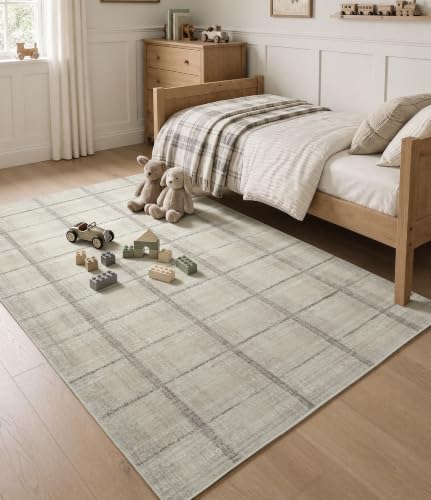 YIHOUSE 6' x 9' Beige Grey Distressed Plaid Area Rug for Living Room, Machine Washable