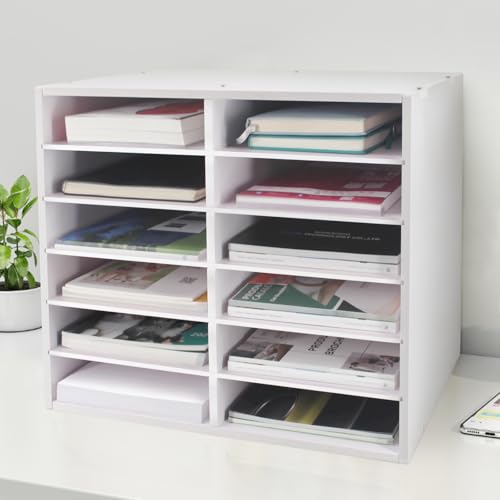 SONGWAY 12-Slot Desk Paper Organizer with Adjustable Shelves, Mail Sorter, Classroom Office Storage, White