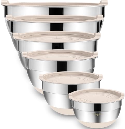 Umite Chef 6-Piece Stainless Steel Mixing Bowls with Airtight Lids, Khaki, 1.5-7 Qt