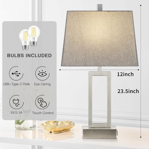 23.5-Inch Silver Touch Control Table Lamps Set of 2 with USB & Power Outlet
