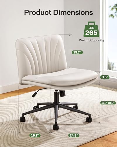 Armless Office Desk Chair with Wheels - PU Leather Wide Swivel Task Chair, Adjustable, Light Beige