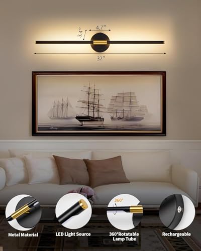24-Inch Rechargeable Wall Sconce Set of 2 - Black Gold, 350° Rotating Lamp, Dimmable & Cordless