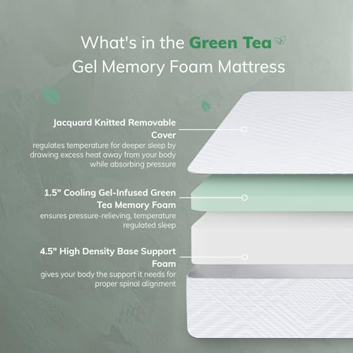 6 Inch Twin Green Tea Gel Memory Foam Mattress - Cooling, Fiberglass-Free