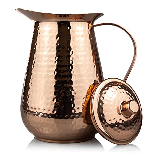Copper Water Pitcher with Lid - 68 Oz Handmade Hammered Jug for Hydration & Health