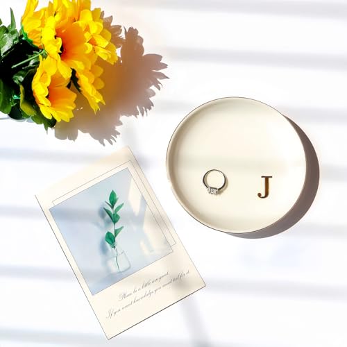 Ceramic Ring Dish Initial Jewelry Dish Personalized J-Monogrammed For Women Engagement Wedding Gifts,Jewelry Tray For Friends,Sister,Birthday Mother'S Day Christmas For Women, White
