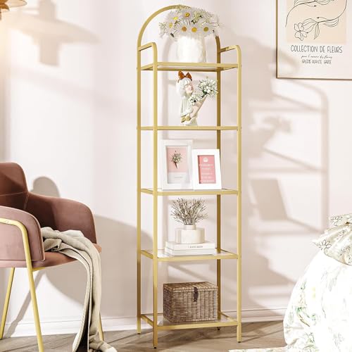 Gold 5-Tier Tempered Glass Bookcase with Steel Frame - 11.8D x 15.7W x 59.1H