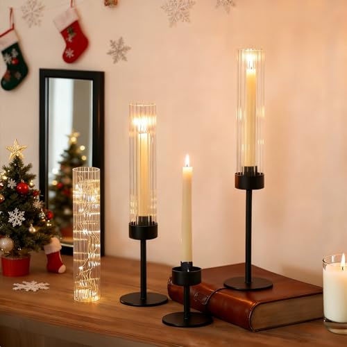 Metal & Acrylic Taper Candle Holders with Ribbed Design - Hurricane