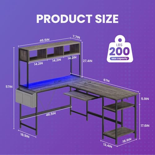 DUMOS Grey 67-Inch L-Shaped Gaming Desk with LED Lighting, Reversible Corner Computer Desk with Keyboard Tray & Storage Shelf