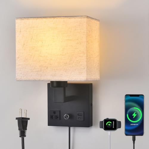Black Wall Sconce Lamp with Fabric Shade and Dimmable Switch - Bedside Wall Light with USB & AC Outlet