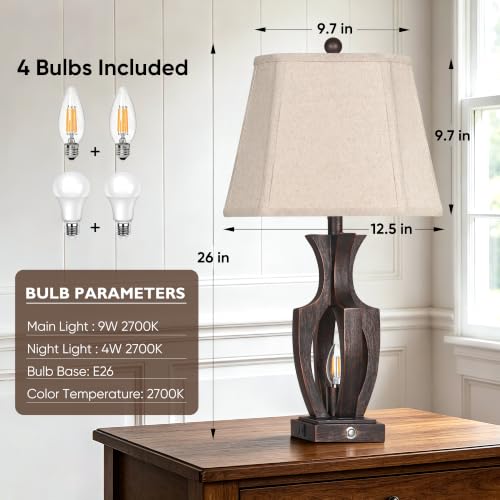 Farmhouse Table Lamps Set of 2 - 26 Inch Dimmable Nightstand Lamps with USB Ports - Bronze