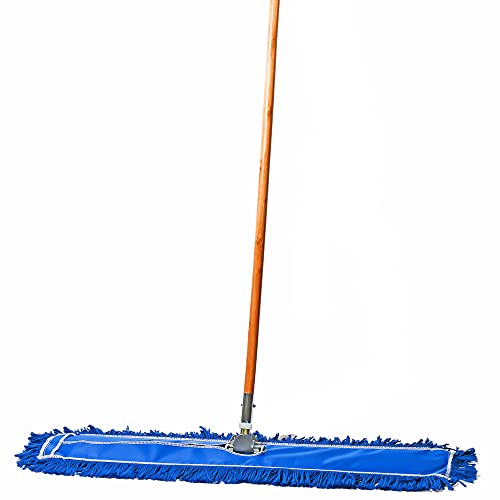 36 Inch Blue Commercial Dust Mop & Floor Sweeper with Wood Handle - 5 Inch Width