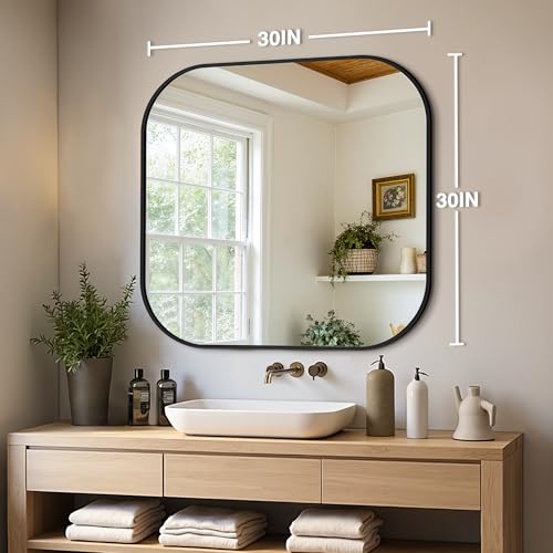 30x30 Inch Black Bathroom Vanity Wall Mirror with Rounded Corners