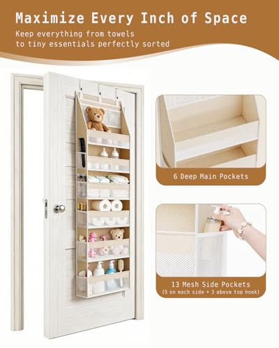 Beige Over The Door Organizer with 6 Large Pockets & 13 Mesh Side Pockets