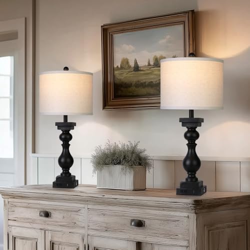 Black Farmhouse Table Lamps Set of 2 with USB A+C & AC Outlets - 28 Inch Touch Rustic Bedside Lamps