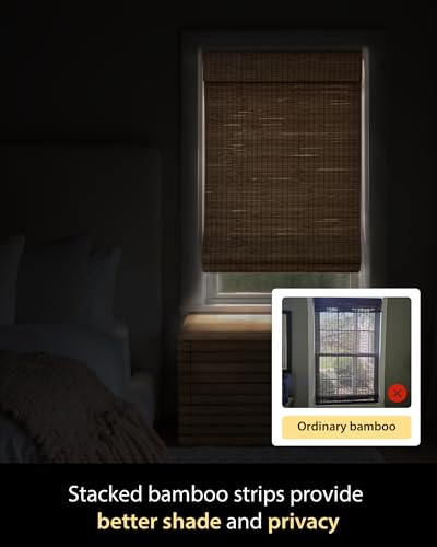 UNISHADES Room Darkening Bamboo Roman Shades with Valance - Highfield Teak, 34.5" W x 64" H (Variation: Room Darkening)