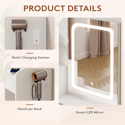 24-Inch White Makeup Vanity Set with Lighted Mirror & Storage Stool
