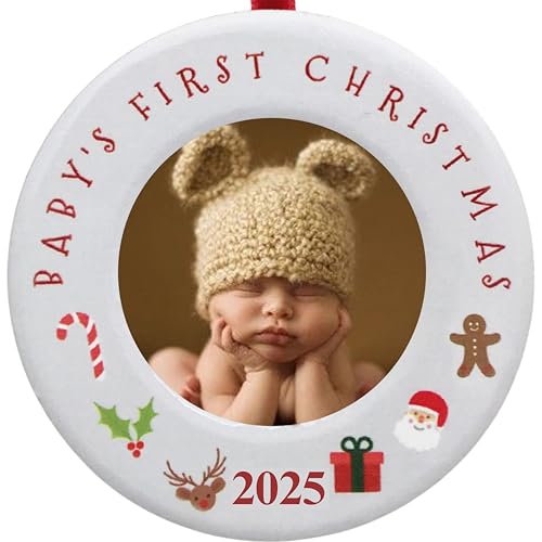 BANBERRY DESIGNS Baby's First Christmas Photo Ornament - 2025 - Picture Ornament for Newborns - 3.5" Dia - Hangs on Tree or Sits with Easel Back - Holds 2" Dia Photo