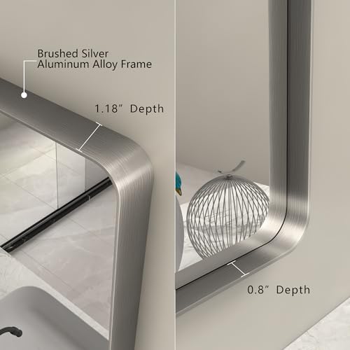 CHARMOR 28x32 Inch Silver Brushed Nickel Wall Bathroom Mirror - Vertical or Horizontal Mount, Tempered Glass