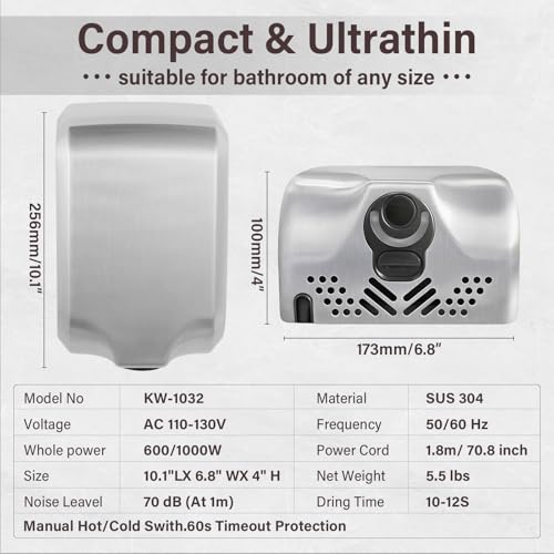 ASIALEO Brushed Stainless Steel Commercial Hand Dryer, ADA Compliant, Hot/Cold Air Switch, Wall-Mounted, 1000W
