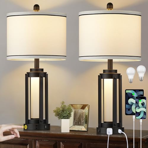 Black 25-Inch Modern Table Lamp Set with USB-C, AC Outlet & Night Light