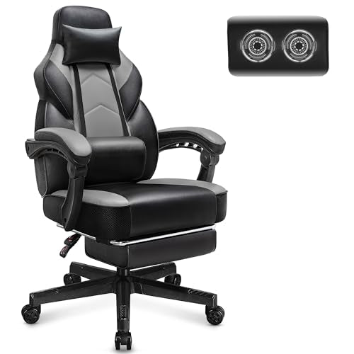 Big & Tall Gaming Chair with Footrest, Massage Lumbar Support, Adjustable Height - Grey / PU Leather