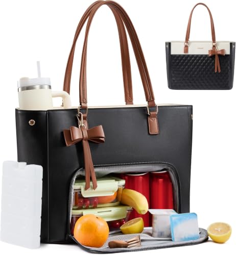 3-in-1 Work Tote Bag with Lunch Compartment for Women - Black, 15.6 Inch