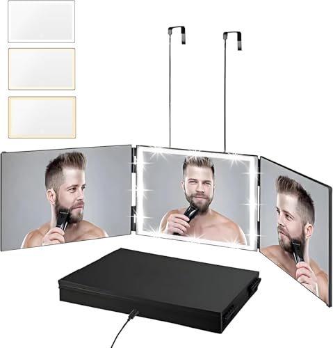 Vanexiss Rechargeable 3-Way Mirror with Lights & Hook - Black