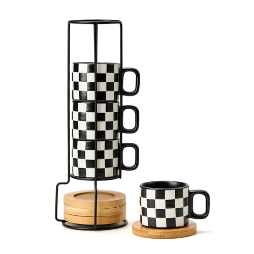LUKA Black & White Checkered Stackable Espresso Cups Set with Saucers, 4oz - Variation 4BKG