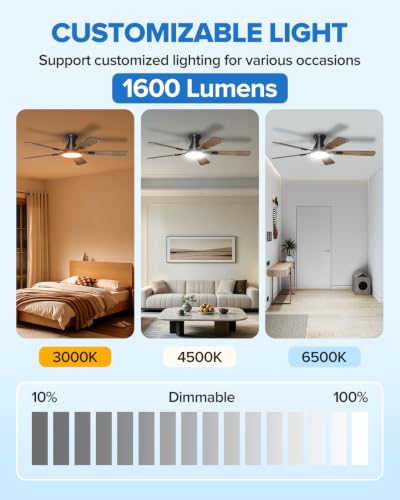 52-Inch Ceiling Fan with Lights and Remote Control - Black/Wood Grain Flush Mount