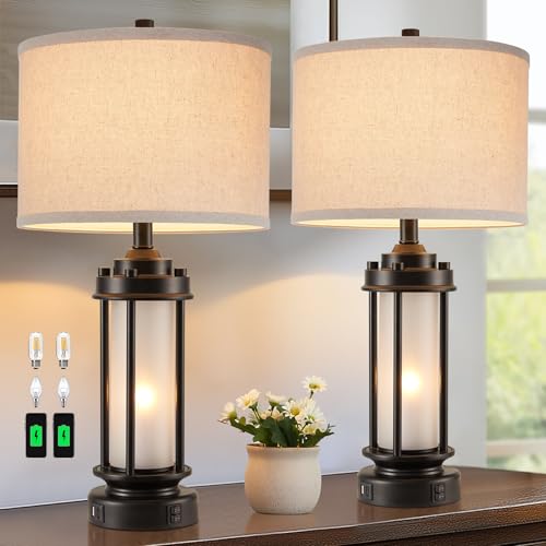 2 Pack Modern Bedside Table Lamps with USB Charging Ports - Black & White
