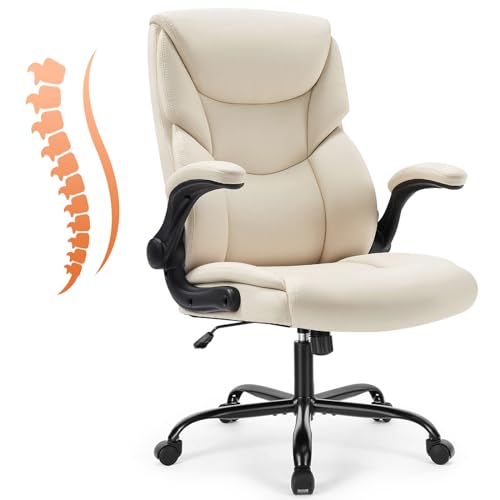 Beige Home Office Desk Chair High Back PU Leather Ergonomic Executive Chair with Flip-up Armrests